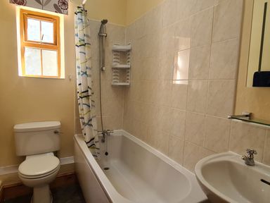 A bathroom with a toilet bathtub with shower and sink at Swallow Cottage in Llanboidy