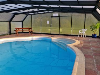 An indoor swimming pool with a bench, a white chair, and a potted plant at Sandpiper Cottage in Llanboidy