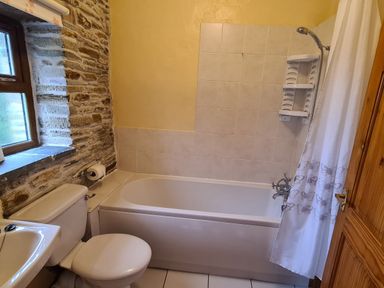 A bathroom with a bathtub shower toilet sink and a window at Puffin Cottage in Llanboidy