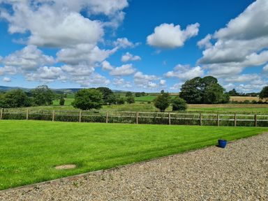 A rural landscape with green grass, trees, a wooden fence, gravel path, and a blue pot under a partly cloudy sky at Puffin Cottage in Llanboidy