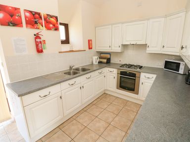 A kitchen with white cabinets a gas stove a microwave and a double sink at Hill Top Farm Cottage Martletwy near Narbeth