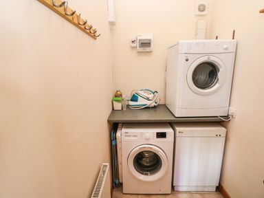 A laundry room with washing machine dryer iron and hooks on the wall at Hill Top Farm Cottage Martletwy near Narbeth