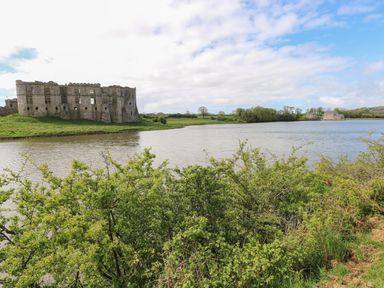 A ruined castle by a river with green bushes in the foreground and farmland in the background at Hill Top Farm Cottage in Martletwy near Narbeth