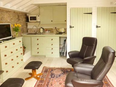 A small kitchen with cabinets a microwave a kettle and a toaster two leather armchairs a matching footstool a dresser with a television and a vase of flowers at Beech View in Malton