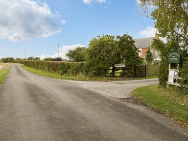 A country road branching into two with a hedge and trees near a farm entrance at Pear Tree Cottage in Mark near Burnham-on-Sea