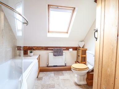 A bathroom with a bathtub, toilet, skylight window, wooden cabinet, and towel rail at The Old House in Llanidloes