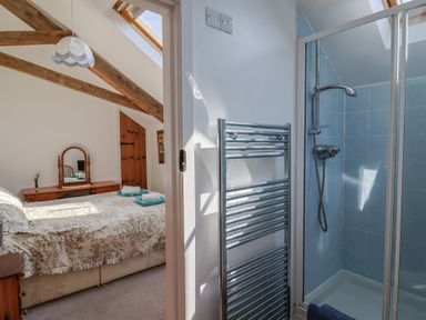 A bedroom with a shower enclosure at West Bowden Farm in Knowstone near South Molton