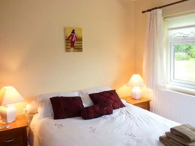 A bedroom with a bed with white bedding and dark red pillows two bedside tables with lamps a window with curtains and a small painting above the bed at Eileen's in Aughavas near Mohill County Leitrim