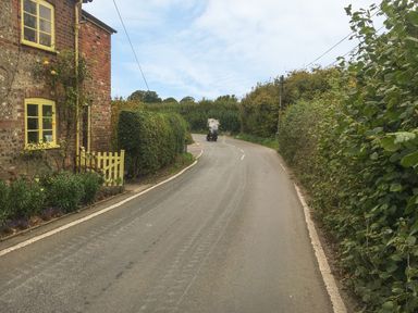 A paved road curving past a brick house with yellow windows and a hedge with green foliage on both sides