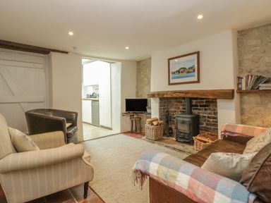 A living room with armchairs a fireplace a stove and a television at Apple Tree Cottage Shillingstone near Sturminster Newton