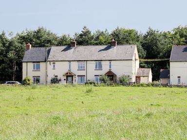 A row of connected houses with sloped roofs behind a grassy field at Bunty's Place in Chatton near Wooler
