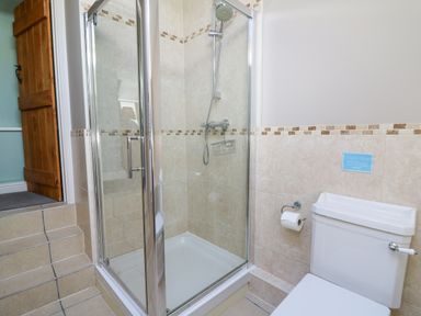 A bathroom with a glass shower enclosure and a white toilet next to a tiled wall at Penuwch Fach in Aberystwyth