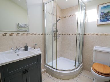 A bathroom with a corner shower cubicle a toilet with wooden seat and a sink with cabinet at Penuwch Fach in Aberystwyth
