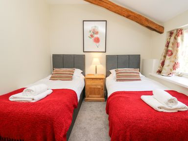 A bedroom with two single beds with red blankets and striped pillows with a wooden nightstand and lamp between them at Penuwch Fach in Aberystwyth