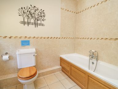 A bathroom with a toilet with wooden seat a bathtub with wooden paneling and tiled walls at Penuwch Fach in Aberystwyth