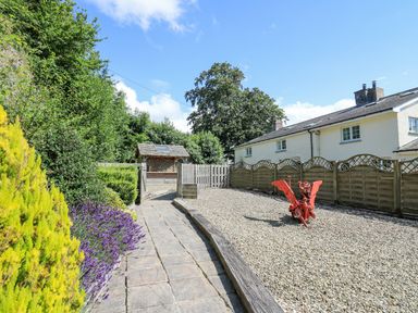 A garden with a paved pathway gravel area plants wooden fence and white houses at Penuwch Fach in Aberystwyth