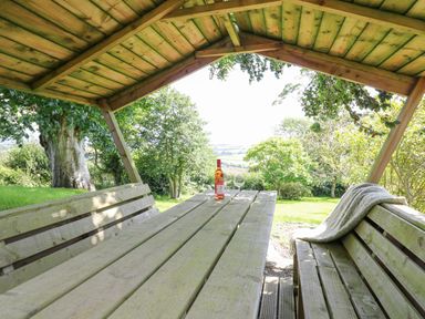 A wooden picnic table with benches under a wooden shelter with a bottle of wine and a wine glass outside in a garden at Penuwch Fach in Aberystwyth