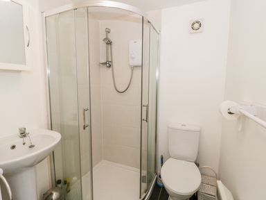 A bathroom with a glass shower enclosure a white sink and a toilet at Bron Heulog Cottage in Llangoed near Beaumaris