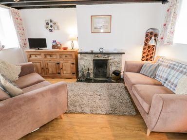 A living room with two sofas a wooden cabinet a fireplace and a small television at Bron Heulog Cottage Llangoed near Beaumaris