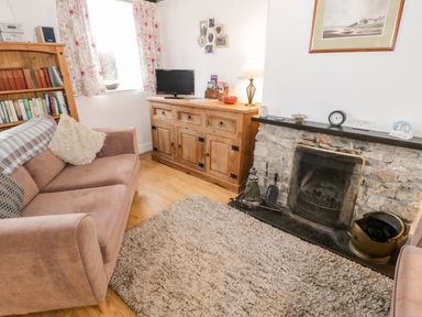 A living room with a sofa a wooden cabinet a stone fireplace and a bookshelf at Bron Heulog Cottage Llangoed near Beaumaris