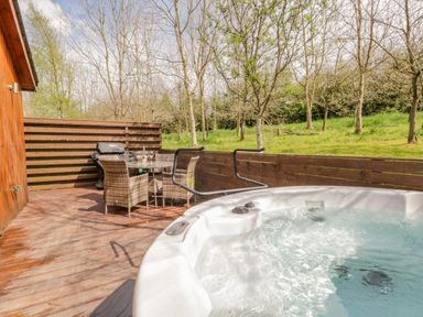 An outdoor wooden deck with a hot tub a dining table with four wicker chairs and a barbecue grill surrounded by trees at Cartmel Lodge in Allithwaite near Grange-over-Sands