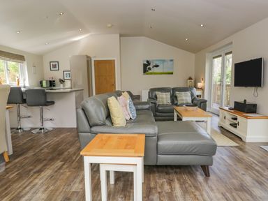 A living room with grey leather sofas and wooden tables at Cartmel Lodge in Allithwaite near Grange-over-Sands