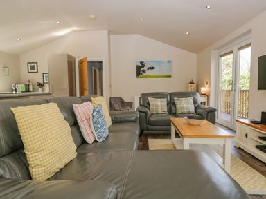 A living room with leather sofas and colorful cushions a coffee table and a wall painting at Cartmel Lodge in Allithwaite near Grange-over-Sands