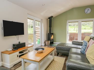 A living room with a leather sofa and coffee table a wood burning stove and a wall-mounted TV at Cartmel Lodge in Allithwaite near Grange-over-Sands