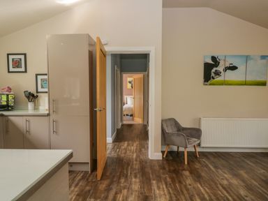 A kitchen area with cabinets and utensils and a gray chair next to a radiator under a wall painting of a cow at Cartmel Lodge in Allithwaite near Grange-over-Sands