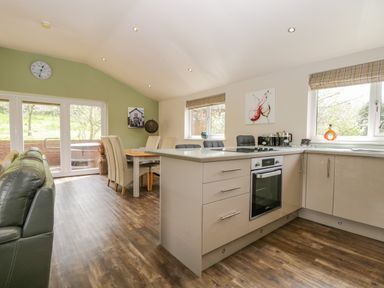 A kitchen and dining area with a green accent wall a black leather sofa and glass doors at Cartmel Lodge in Allithwaite near Grange-over-Sands