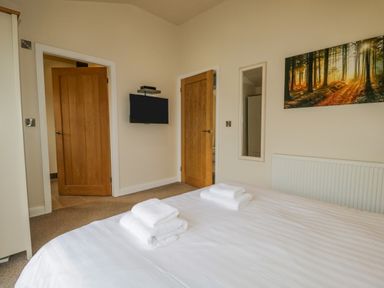 A bedroom with a bed with white linens and towels a wall-mounted TV wooden doors a radiator and a forest landscape picture at Cartmel Lodge in Allithwaite near Grange-over-Sands