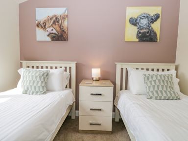 A bedroom with two single beds and a bedside table with a lamp between them at Cartmel Lodge in Allithwaite near Grange-over-Sands