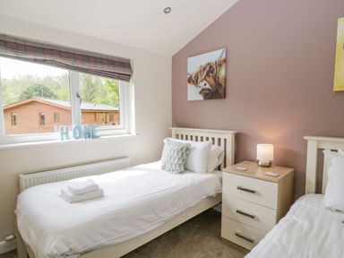 A bedroom with two single beds a bedside table a lamp a window with a view of wooden cabins and a wall painting of a cow at Cartmel Lodge in Allithwaite near Grange-over-Sands