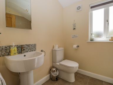 A bathroom with a pedestal sink a mirror a toilet a small trash can and a frosted window at Cartmel Lodge in Allithwaite near Grange-over-Sands