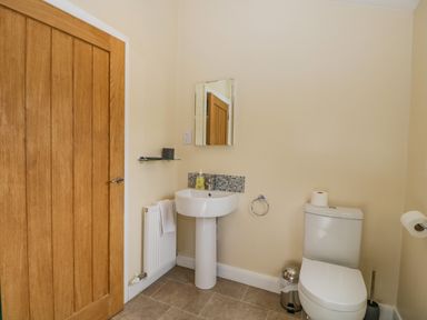 A bathroom with a wooden door a pedestal sink a mirror a toilet and a trash bin at Cartmel Lodge in Allithwaite near Grange-over-Sands
