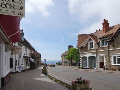 A street with shops and cars near the sea at Craft Cottage in Beer near Seaton