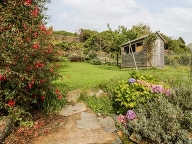 A garden with a stone path red flowers pink and purple flowers a wooden shed and green grass at Ty Gwynn in Tanygrisiau
