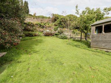 A grassy garden area with trees shrubs a wooden shed and a stone wall at Ty Gwynn in Tanygrisiau