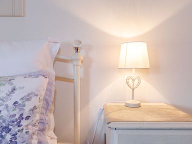 A bedside with a white metal bed frame and a lamp on a nightstand at Willow Cottage in Ulrome near Skipsea