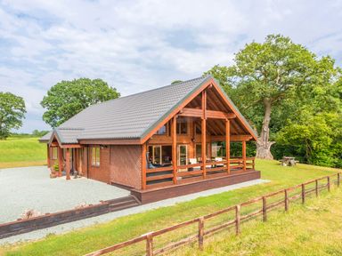 A wooden cabin with a gray roof and a covered porch in a grassy area with trees at Hampton Lodge in Ellesmere