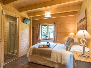 A bedroom with a bed a bedside table lamps a wall mounted tv a window and an en suite shower at Hampton Lodge in Ellesmere
