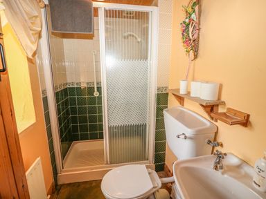 A bathroom with a shower with glass door, a toilet, a sink, toilet paper rolls on a shelf and a wall decoration at An Nead in Ballinknockane near Dingle County Kerry