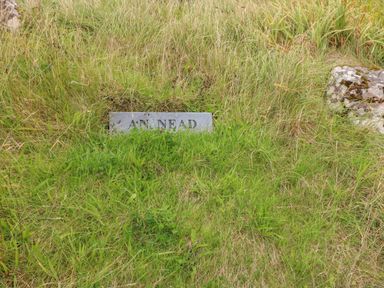 A patch of grass with a stone sign reading An Nead partially covered by grass at An Nead in Ballinknockane near Dingle County Kerry