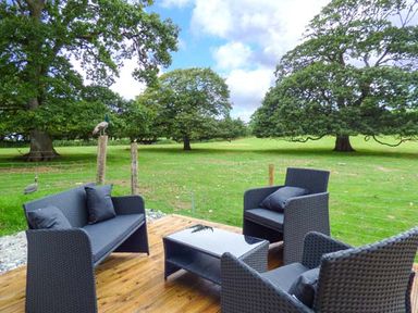 An outdoor seating area with black wicker furniture on a wooden deck overlooking a grassy field with large trees at Vine Cottage in St Ewe near Sticker