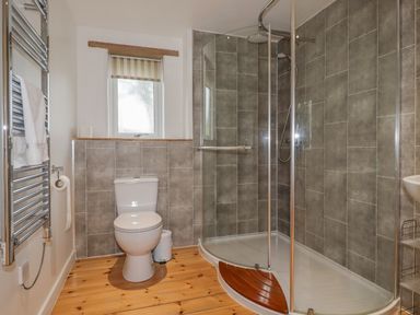 A bathroom with a toilet shower area with glass doors and tiled walls at Vine Cottage in St Ewe near Sticker