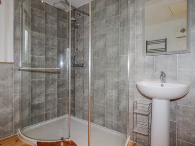 A bathroom with a glass shower enclosure a white pedestal sink and a wall mirror at Vine Cottage in St Ewe near Sticker