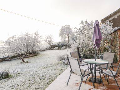 A garden with frost covered trees and grass a table with four chairs and a closed umbrella at Sonya's Cottage in Anthorn Solway Firth