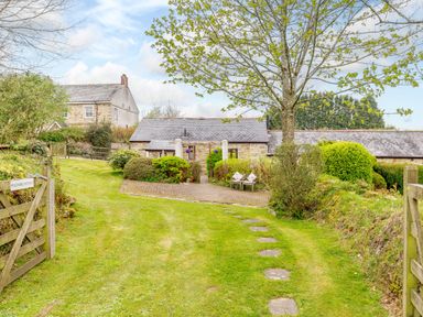 A garden path with stepping stones leading to a stone cottage with a tiled roof and a tree in front at Poldark Cottage in East Taphouse