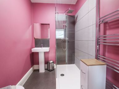 A bathroom with a pink wall a white pedestal sink a mirror a walk in shower a small cabinet and a towel rack at Mountain View in Penmaenmawr