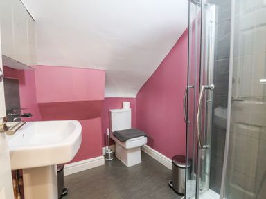 A bathroom with a sink a toilet and a glass shower enclosure at Mountain View in Penmaenmawr